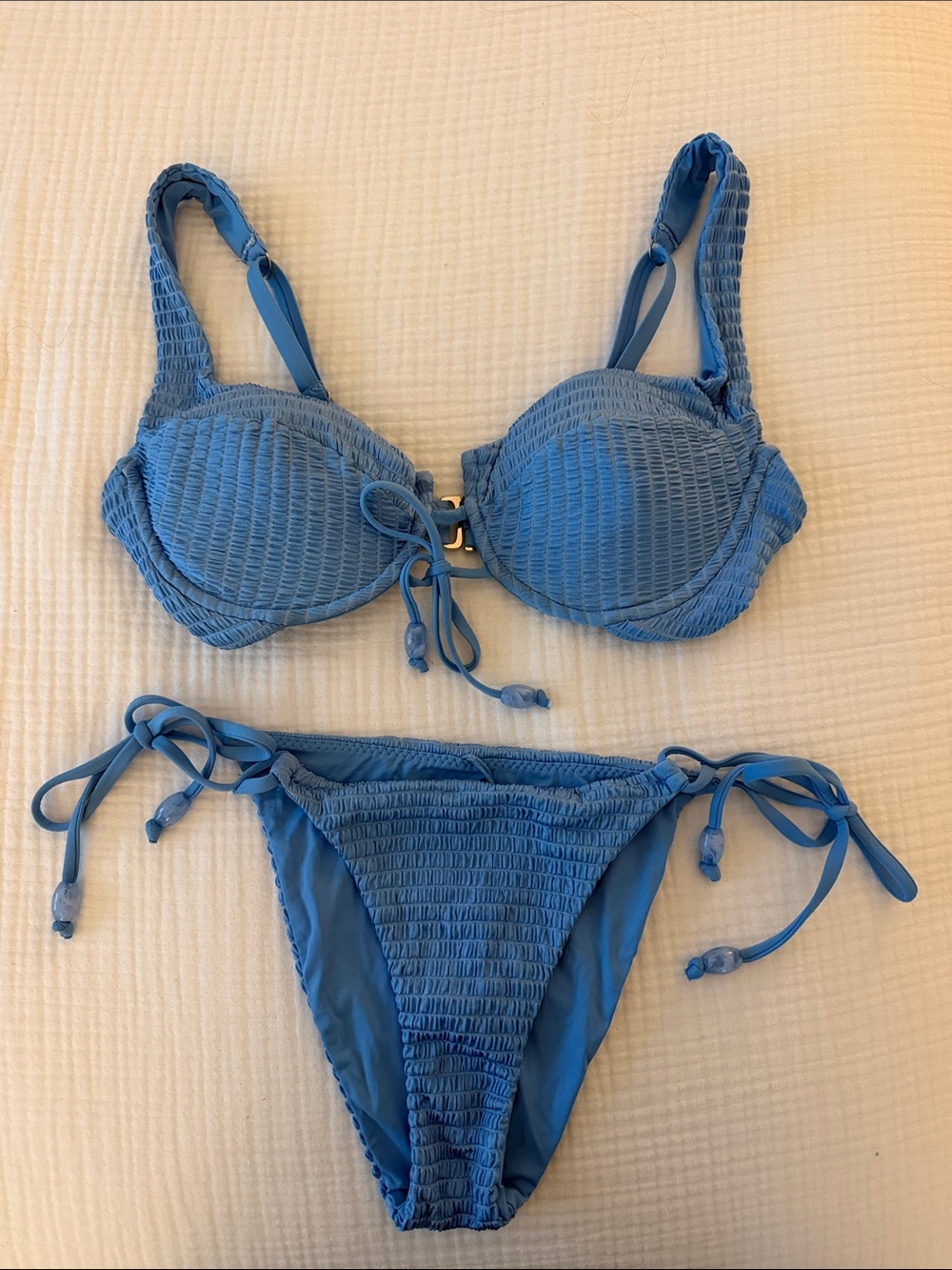 Smocked Blue Tie-Side Bikini Set - Women Swim